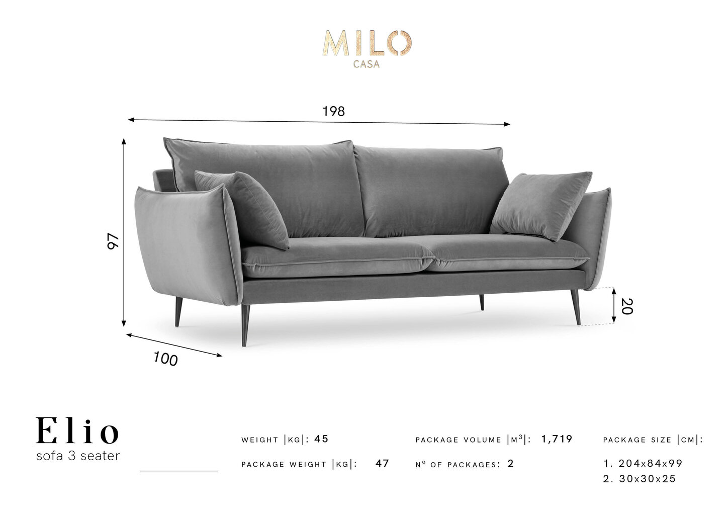 Trīsvietīgs samta dīvāns Milo Casa Elio, melns цена и информация | Dīvāni | 220.lv