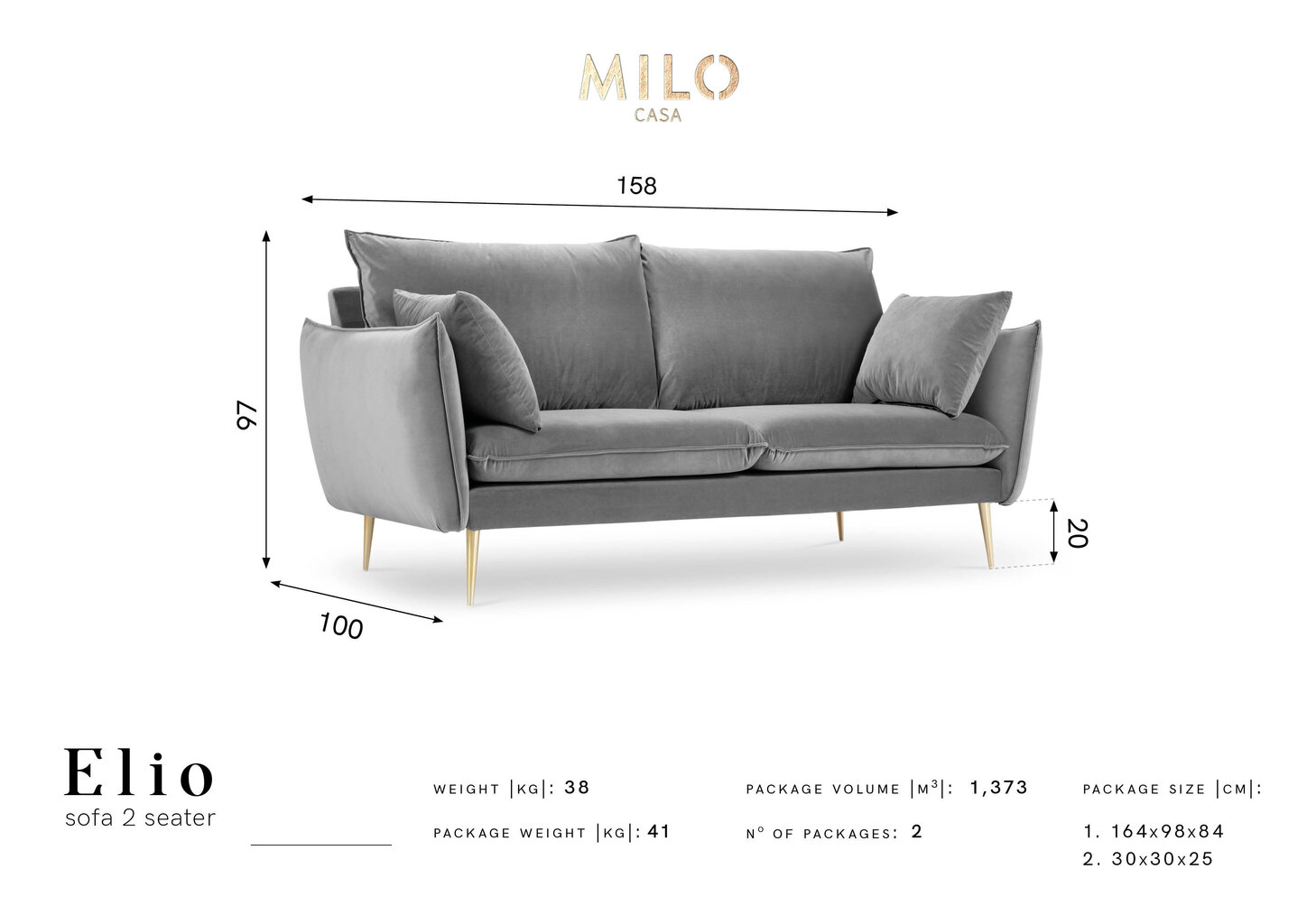 Divvietīgs samta dīvāns Milo Casa Elio, gaiši pelēkas/zelta krāsas cena un informācija | Dīvāni | 220.lv