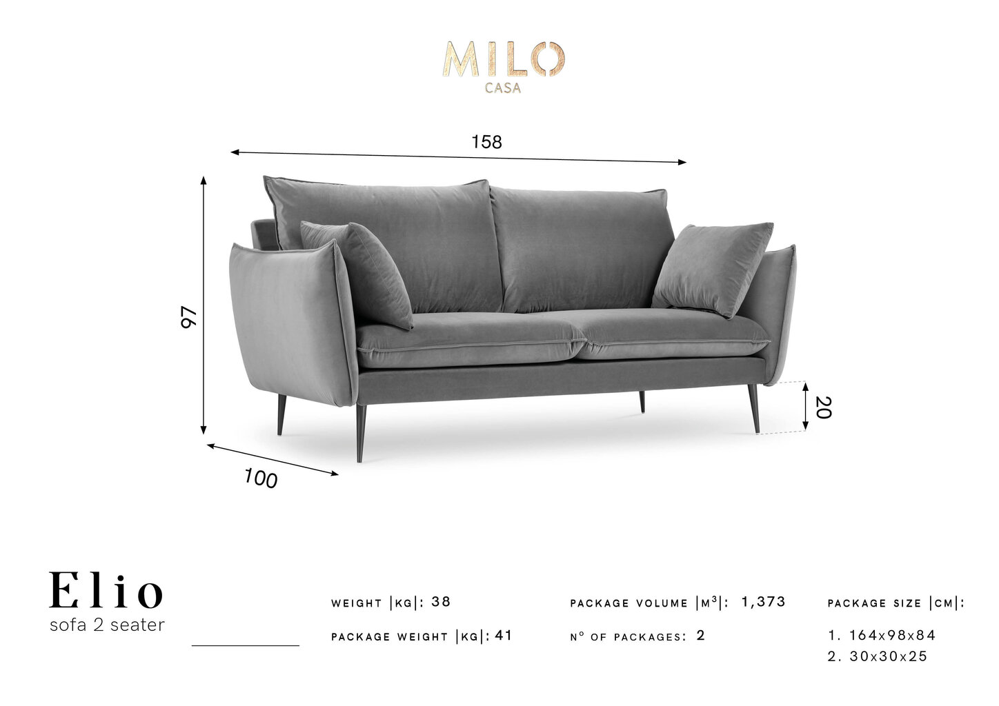 Divvietīgs samta dīvāns Milo Casa Elio, gaiši pelēks/melns cena un informācija | Dīvāni | 220.lv