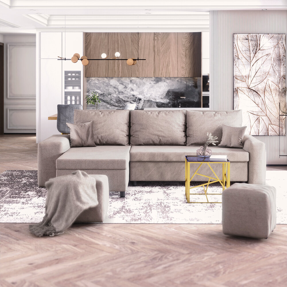 Universāls stūra dīvāns Selsey Levebre ar pufiem, gaišas smilškrāsas цена и информация | Stūra dīvāni | 220.lv