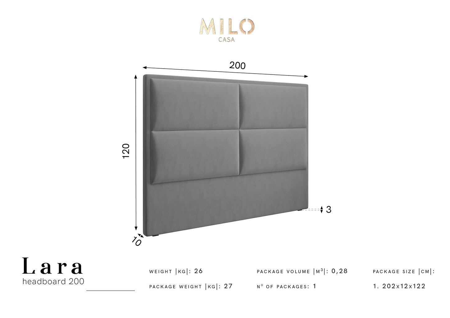 Gultas galvgalis Milo Casa Lara 200 cm, zils цена и информация | Gultas | 220.lv