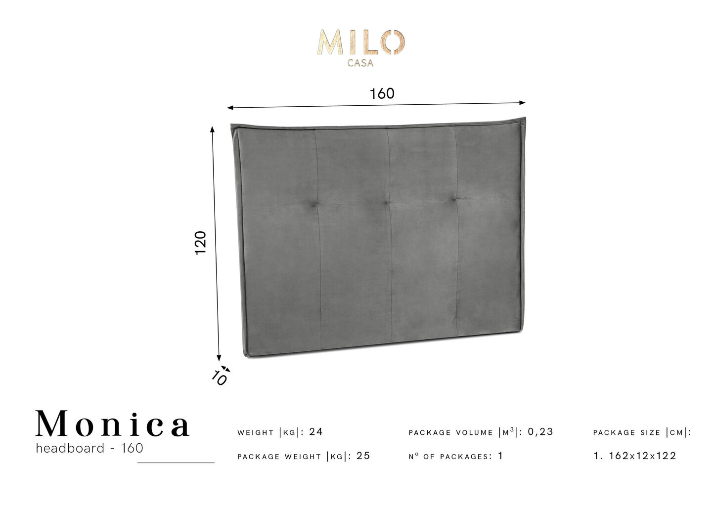 Gultas galvgalis Milo Casa Monica 160 cm, gaiši pelēks cena un informācija | Gultas | 220.lv