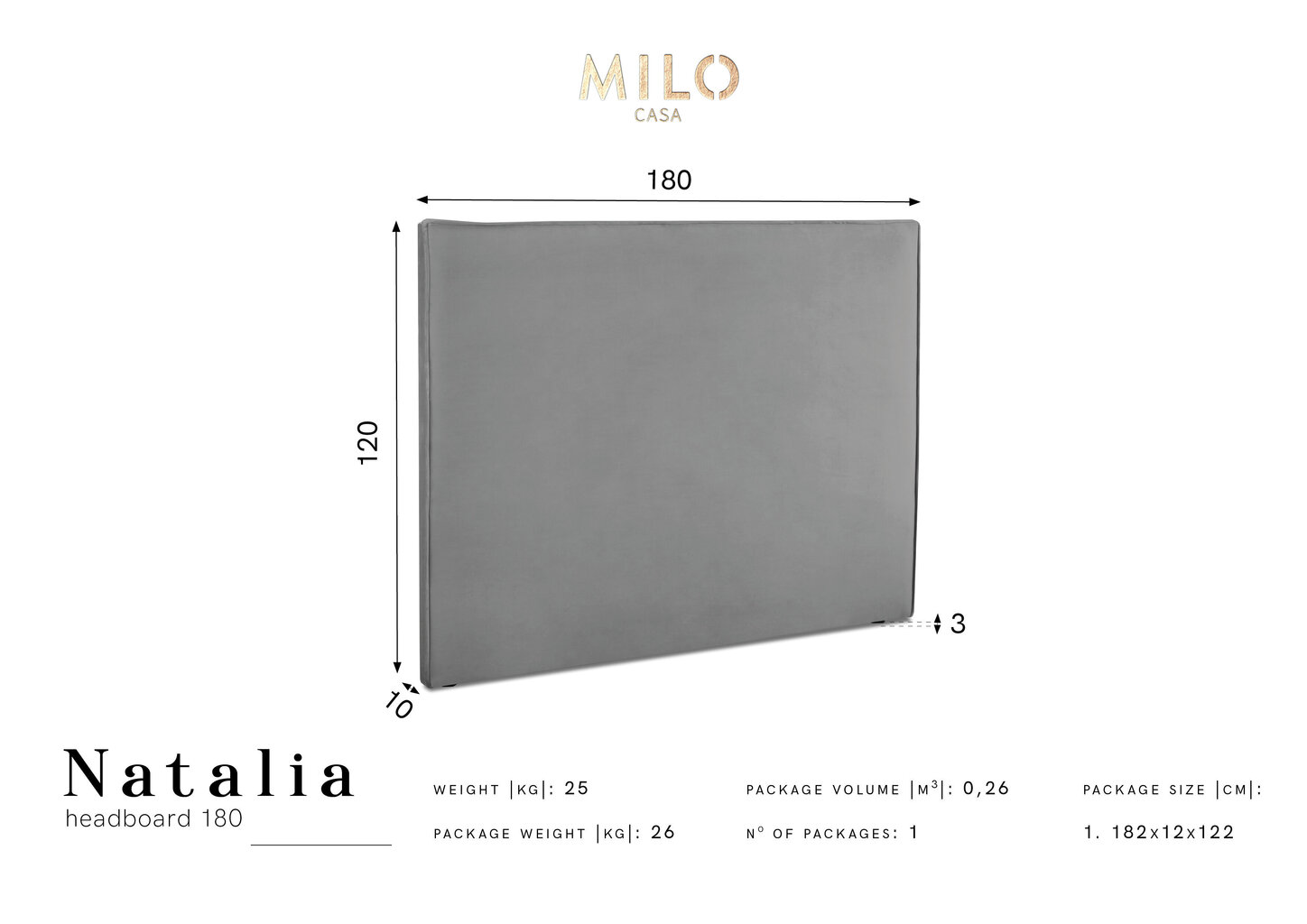 Gultas galvgalis Milo Casa Natalia 180 cm, zils цена и информация | Gultas | 220.lv