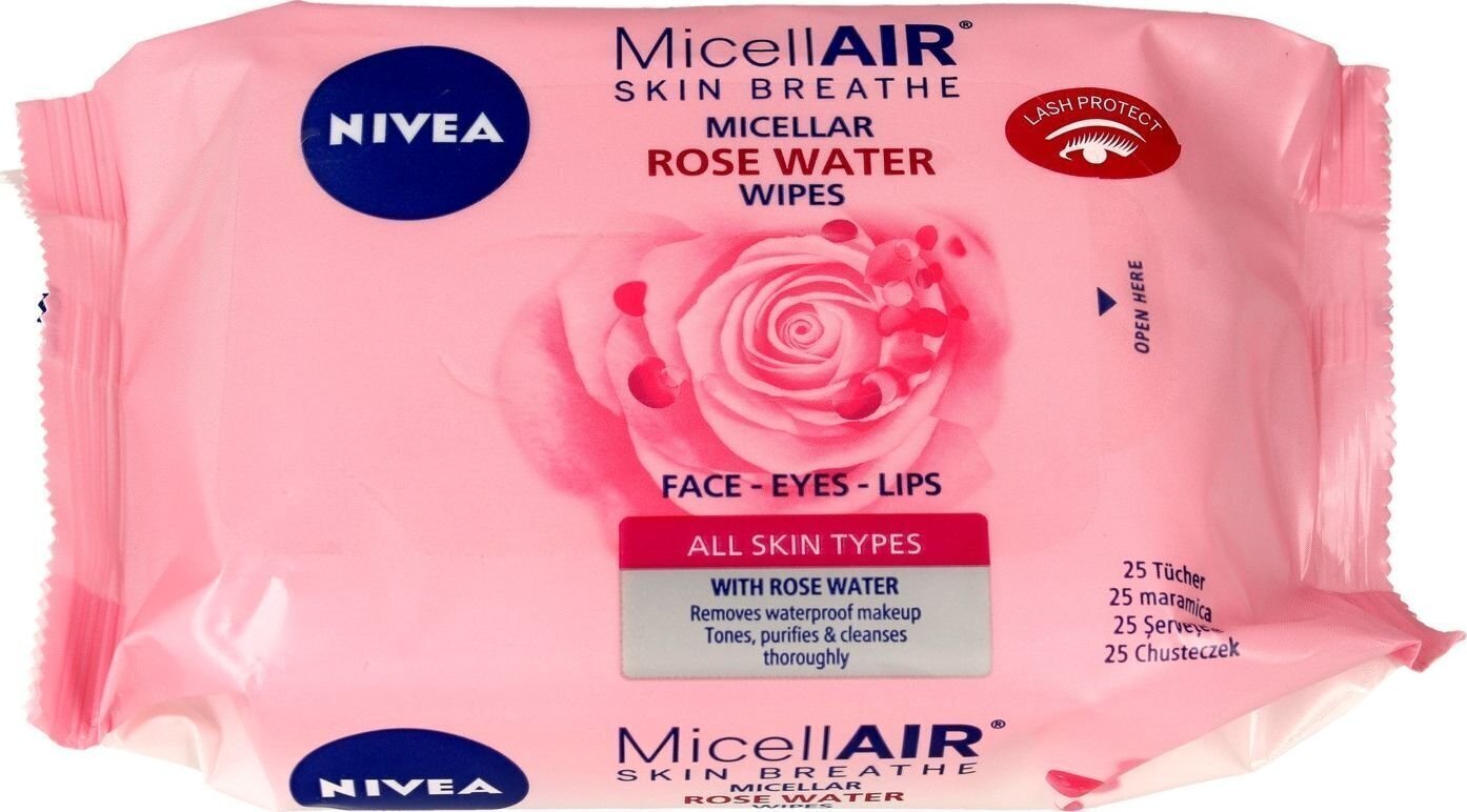 Micelārās mitrās salvetes grima attīrīšanai Nivea Micell Air Skin Breathe Rose Water 25 gab cena un informācija | Sejas ādas kopšana | 220.lv