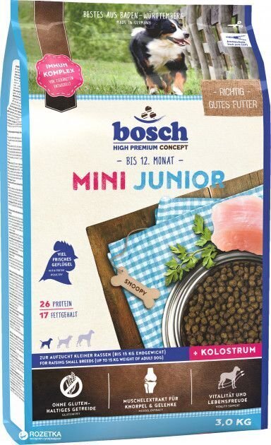 BOSCH Mini Junior barība paredzēta jauniem, mazu šķirņu kucēniem 3 kg cena un informācija | Sausā barība suņiem | 220.lv