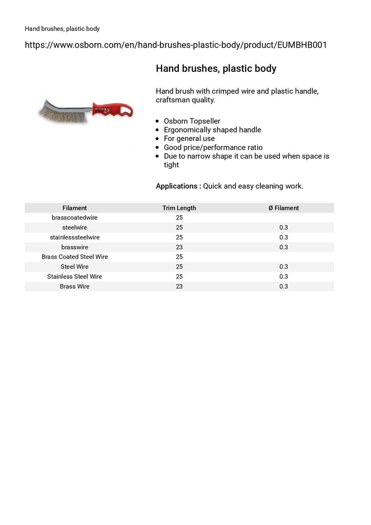 Manuālā birste ar tērauda stiepli, plastmasas rokturis OSBORN (garums 265mm) cena un informācija | Rokas instrumenti | 220.lv