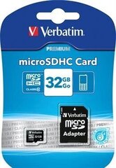 "verbatim micro secure digital card premium, 32 gb, micro sdhc, 44083, uhs-i u1 (class 10), с адаптером цена и информация | Карты памяти для мобильных телефонов | 220.lv