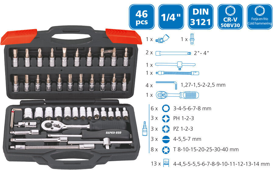 Dažādu rīku komplekts Super Ego 1/4" (46 gab.) cena un informācija | Rokas instrumenti | 220.lv