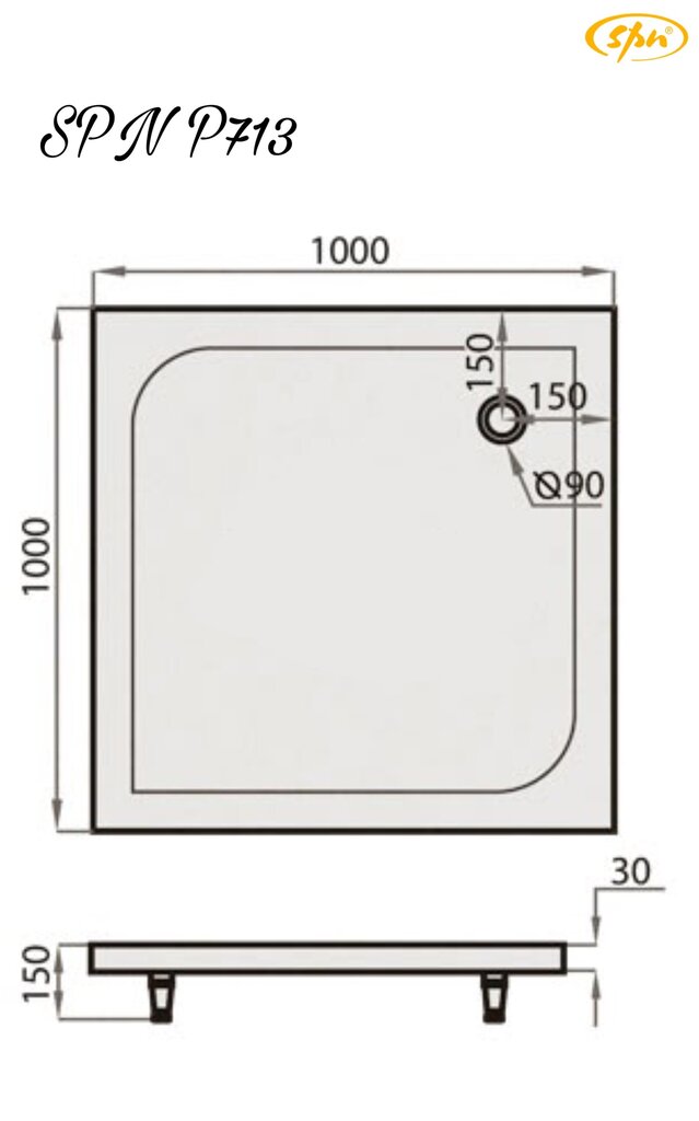 SPN P713 mākslīgā akmens dušas paliktnis 1000x1000x150 cena un informācija | Dušas paliktņi | 220.lv