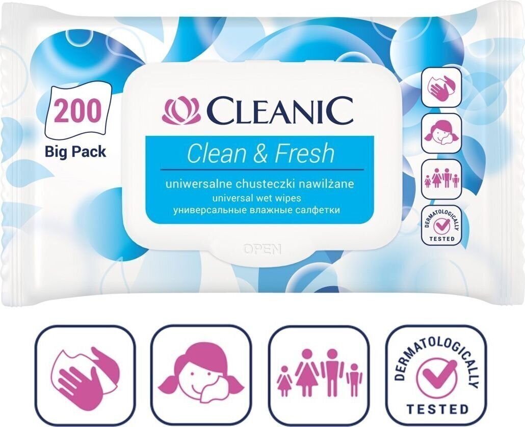 Mitrās salvetes Cleanic Clean&Fresh, 200 gab cena un informācija | Sejas ādas kopšana | 220.lv