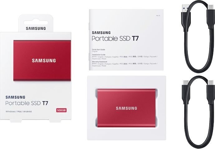 Samsung SSD T7 2TB, Sarkans (MU-PC2T0R/WW) cena un informācija | Ārējie cietie diski | 220.lv