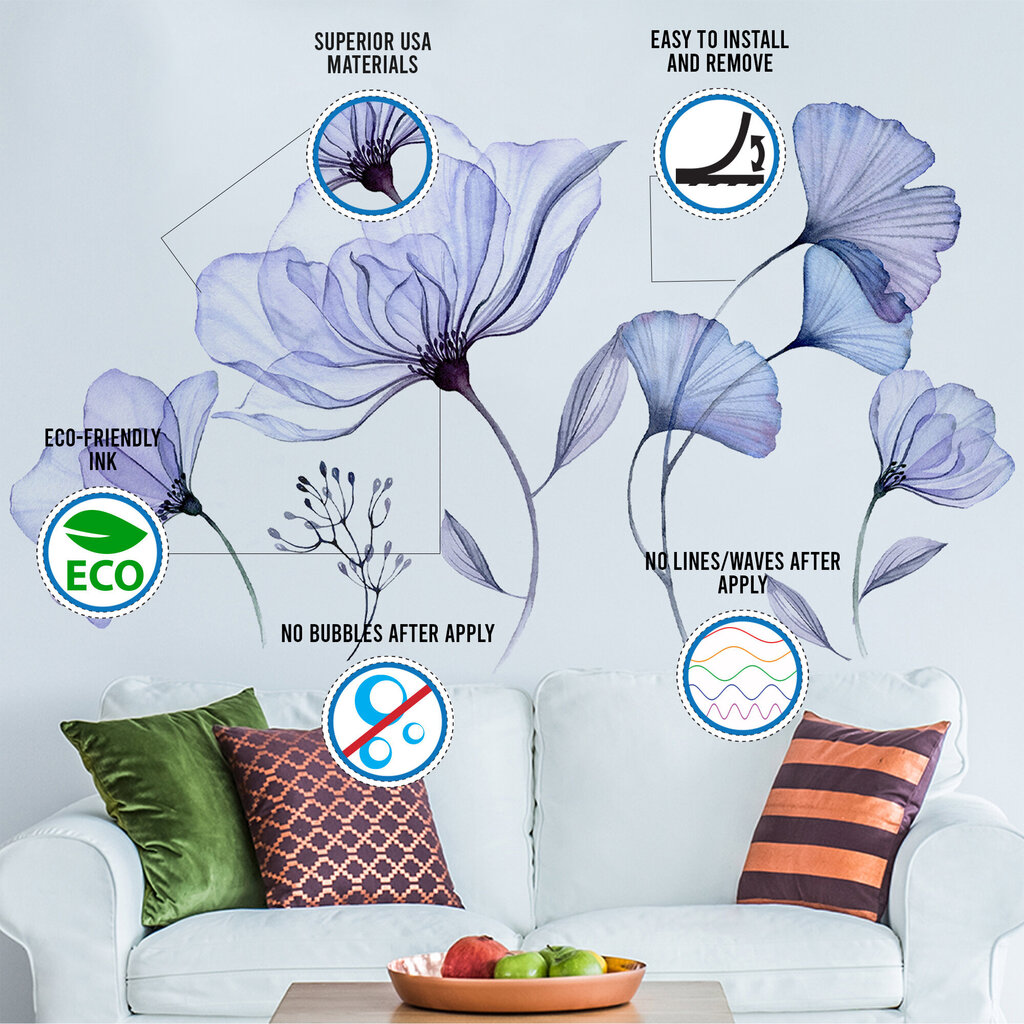 Vinila uzlīmes sienai ar ziedu motīviem – 3D zilas ziedu uzlīmes cena un informācija | Dekoratīvās uzlīmes | 220.lv