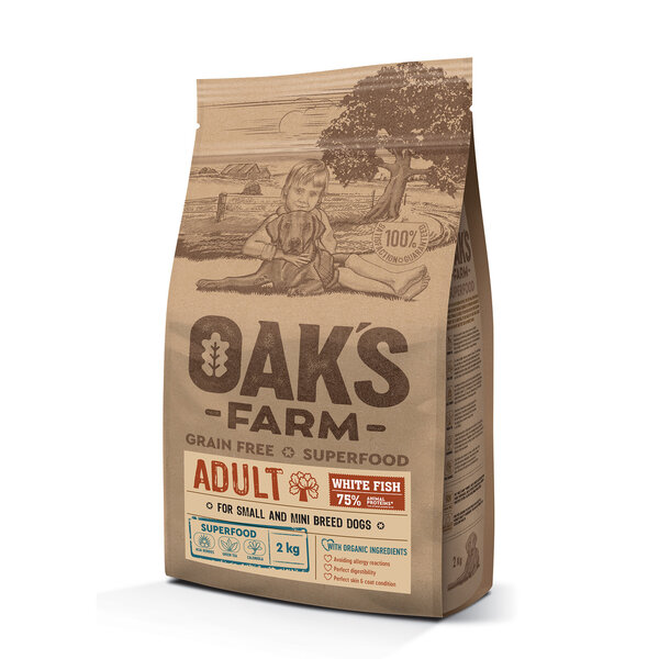 Oak's Farm Grain Free White Fish Adult Small and Mini Breed Dogs bezgraudu  sausā barība ar zivīm pieaugušiem mazu šķirņu suņiem, 2 kg cena | 220.lv