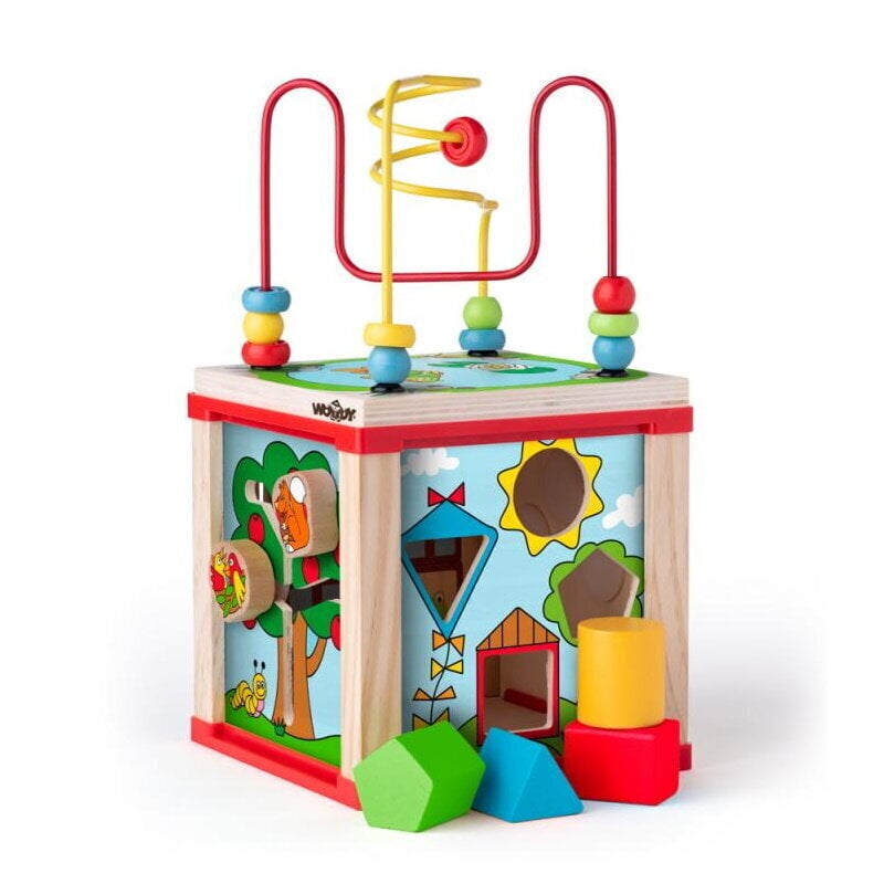 Woody 91916 Attīstošs Eko koka multi-interaktīvais kubs-labirints (6gab.) bērniem no 2 gadiem + cena un informācija | Rotaļlietas zīdaiņiem | 220.lv