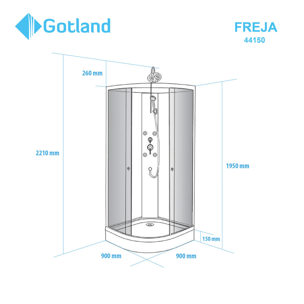 Masāžas dušas kabīne GOTLAND FREJA 90*90*195cm , melnā aizmugure, caurspīdīgie stikli, zemais paliktnis, bez jumta cena un informācija | Hidromasāžas dušas kabīnes | 220.lv