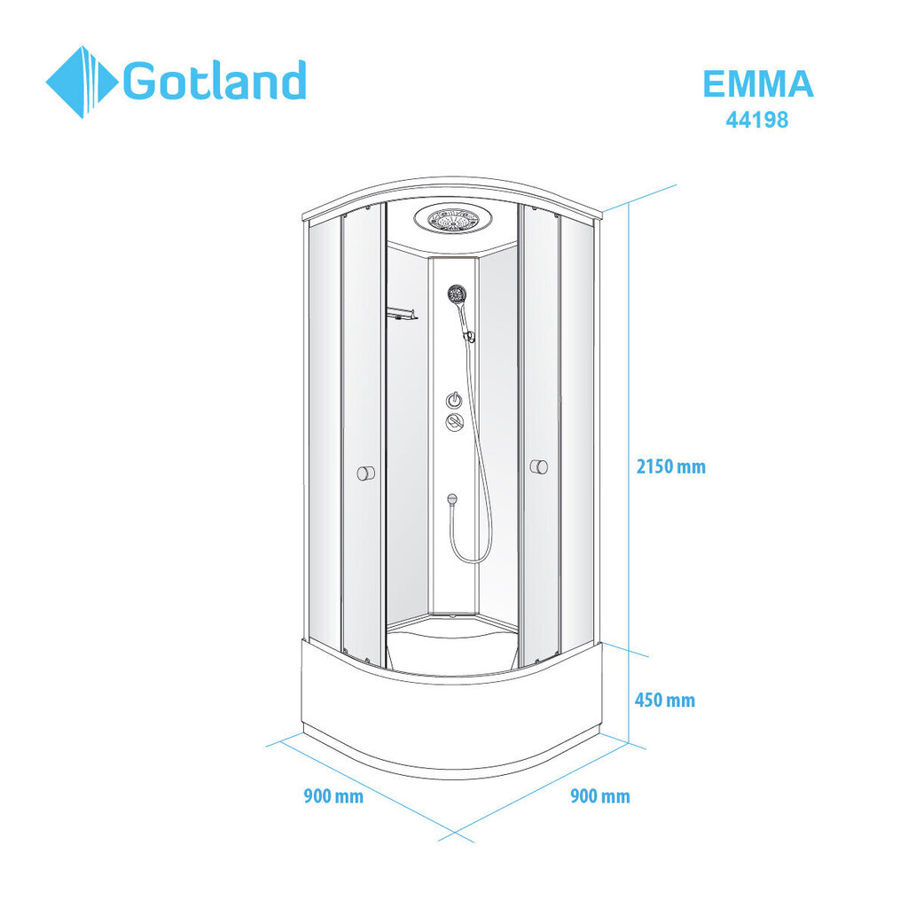 Slēgtā dušas kabīne GOTLAND EMMA 90x90x215cm, dziļais paliktnis (45cm), priekšējie stikli caurspidīgie, aizmugure balta cena un informācija | Dušas kabīnes | 220.lv