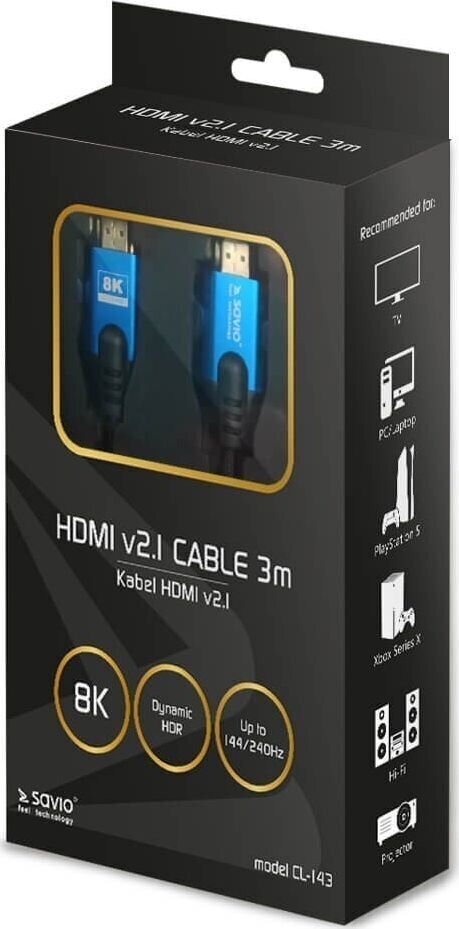 SAVIO HDMI (M) v2.1, 3m Zils cena un informācija | Kabeļi un vadi | 220.lv