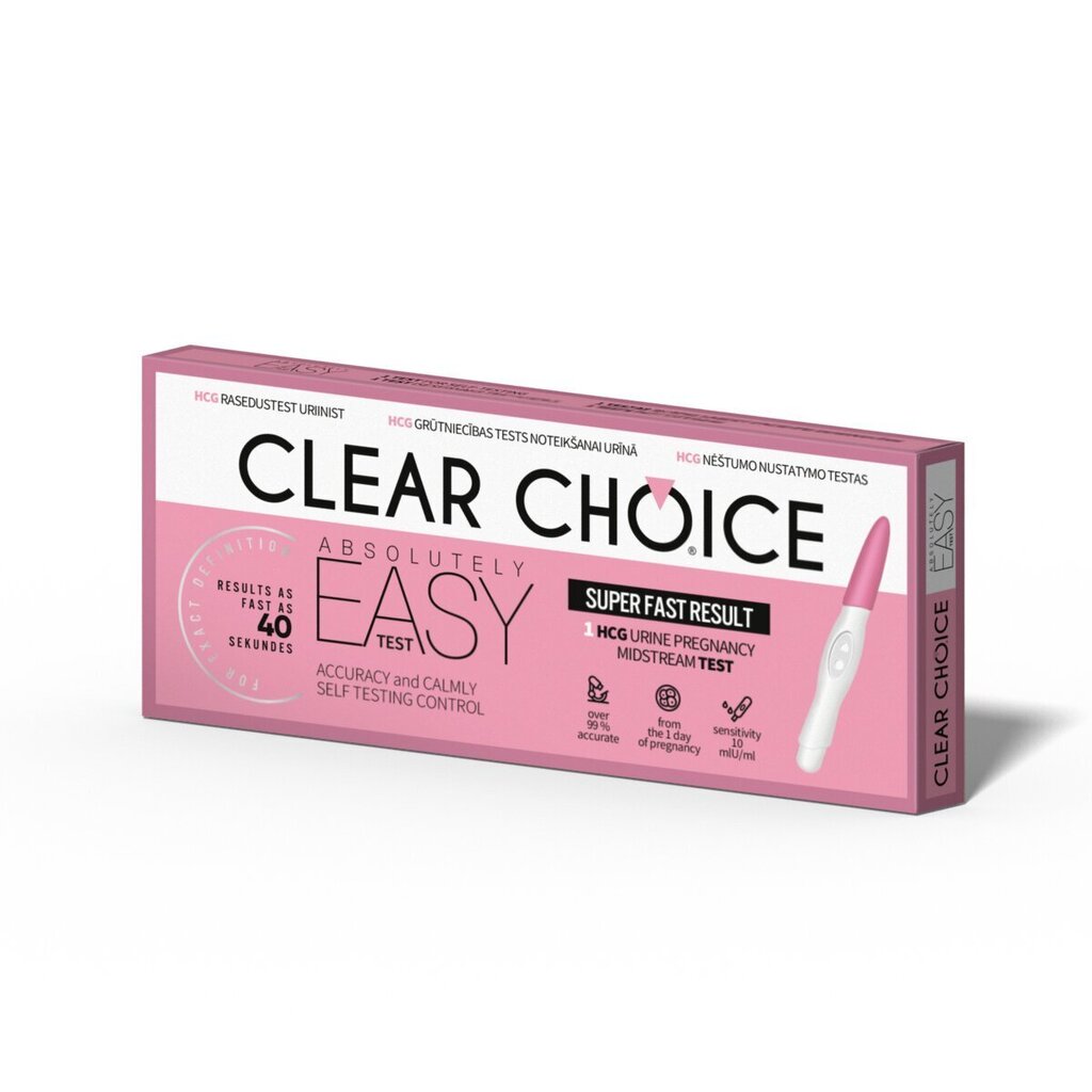Grūtniecības tests Clear Choice Easy test (agrīns grūtniecības tests, jutība 10mIU / ml) cena un informācija | Pirmā palīdzība | 220.lv