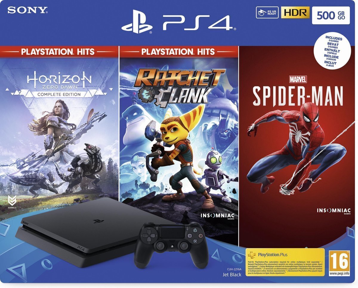 Игровая приставка Sony PlayStation 4 (PS4) Slim, 500GB + Horizon Zero Dawn  + Ratchet & Clank + Spider Man цена | 220.lv