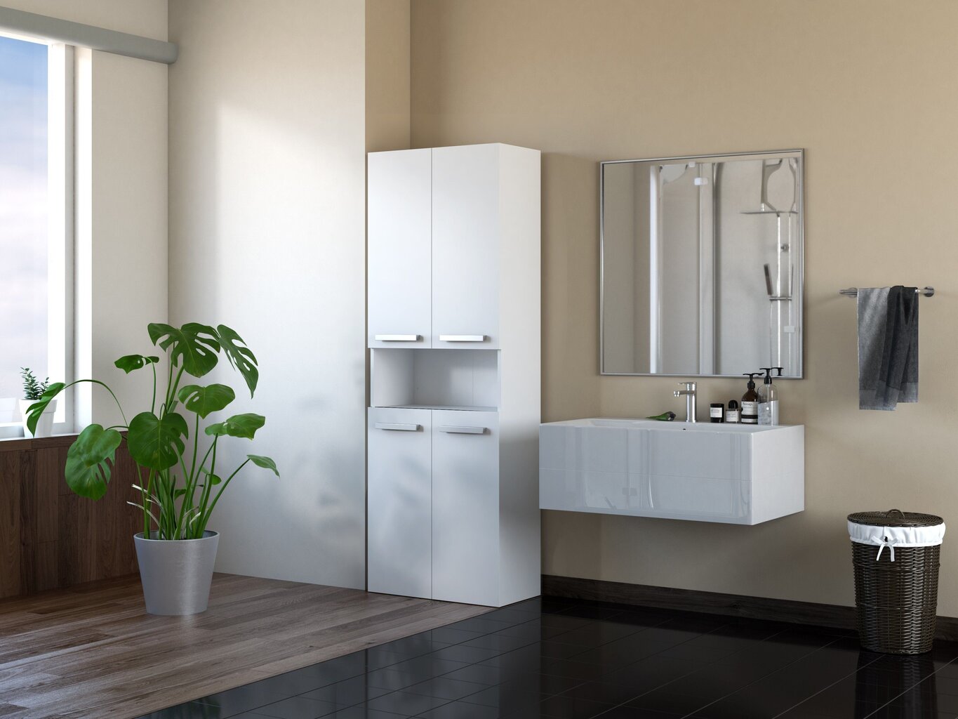 Augsts vannas istabas skapītis ar veļas grozu DK 2K, balts cena un informācija | Vannas istabas skapīši | 220.lv