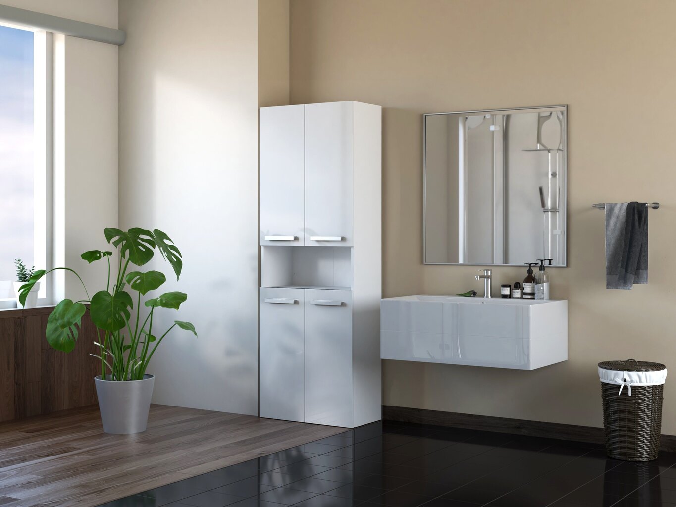 Augsts vannas istabas skapītis ar veļas grozu DK 2K, glancēti balts цена и информация | Vannas istabas skapīši | 220.lv