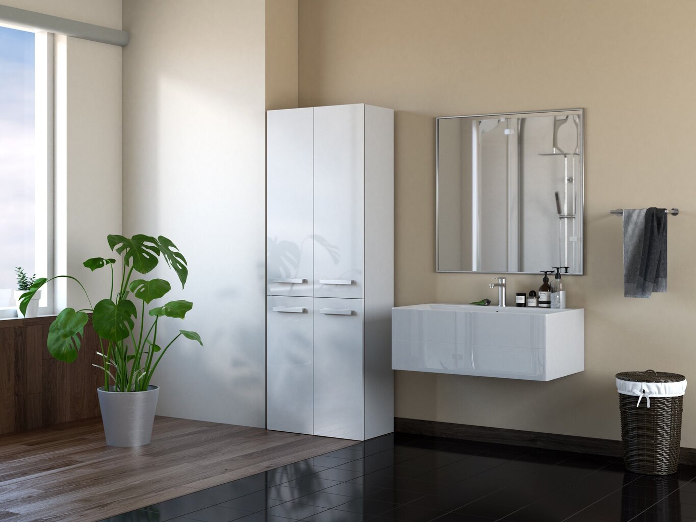 Augsts vannas istabas skapītis ar veļas grozu NORE DD 1K, glancēti balts cena un informācija | Vannas istabas skapīši | 220.lv