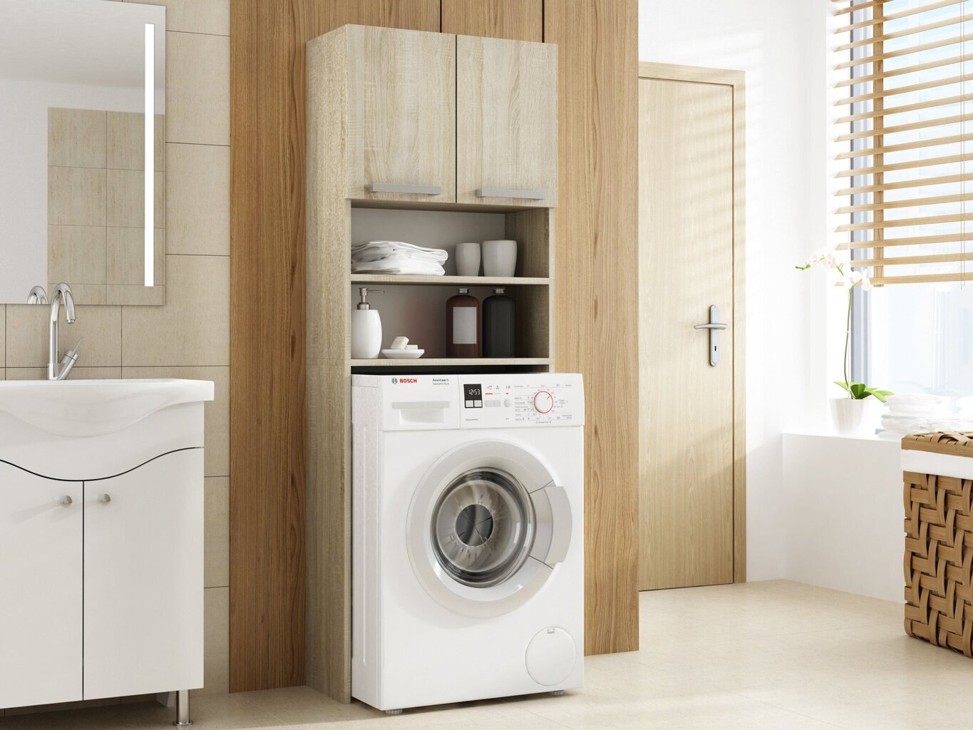 Skapītis virs veļas mazgājamas mašīnas Pola, ozolkrāsā цена и информация | Vannas istabas skapīši | 220.lv