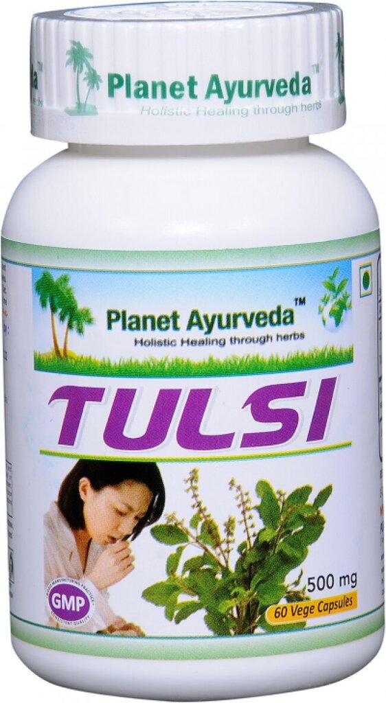 Uztura bagātinātājs - Vitamīni stresa, saaukstēšanās, klepus, gripas gadījumā, Tulsi, Planet Ayurveda™, 60 kapsulas, BIO цена и информация | Vitamīni, preparāti, uztura bagātinātāji labsajūtai | 220.lv