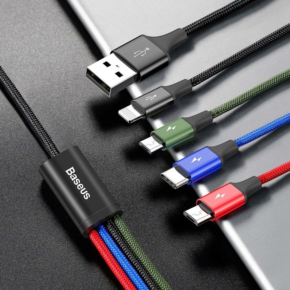 Baseus Lightning / USB Type C / 2x micro USB neilona pīts kabelis 3.5A 1.2m melns cena un informācija | Savienotājkabeļi | 220.lv