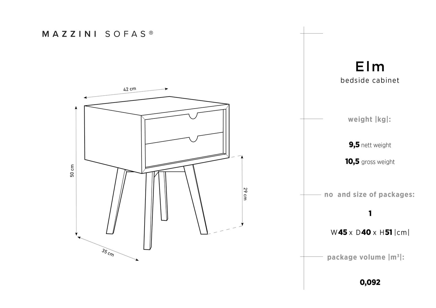 Naktsskapītis Mazzinis Sofas Elm, 2-u atvilktņu, melns/balts цена и информация | Naktsskapīši | 220.lv