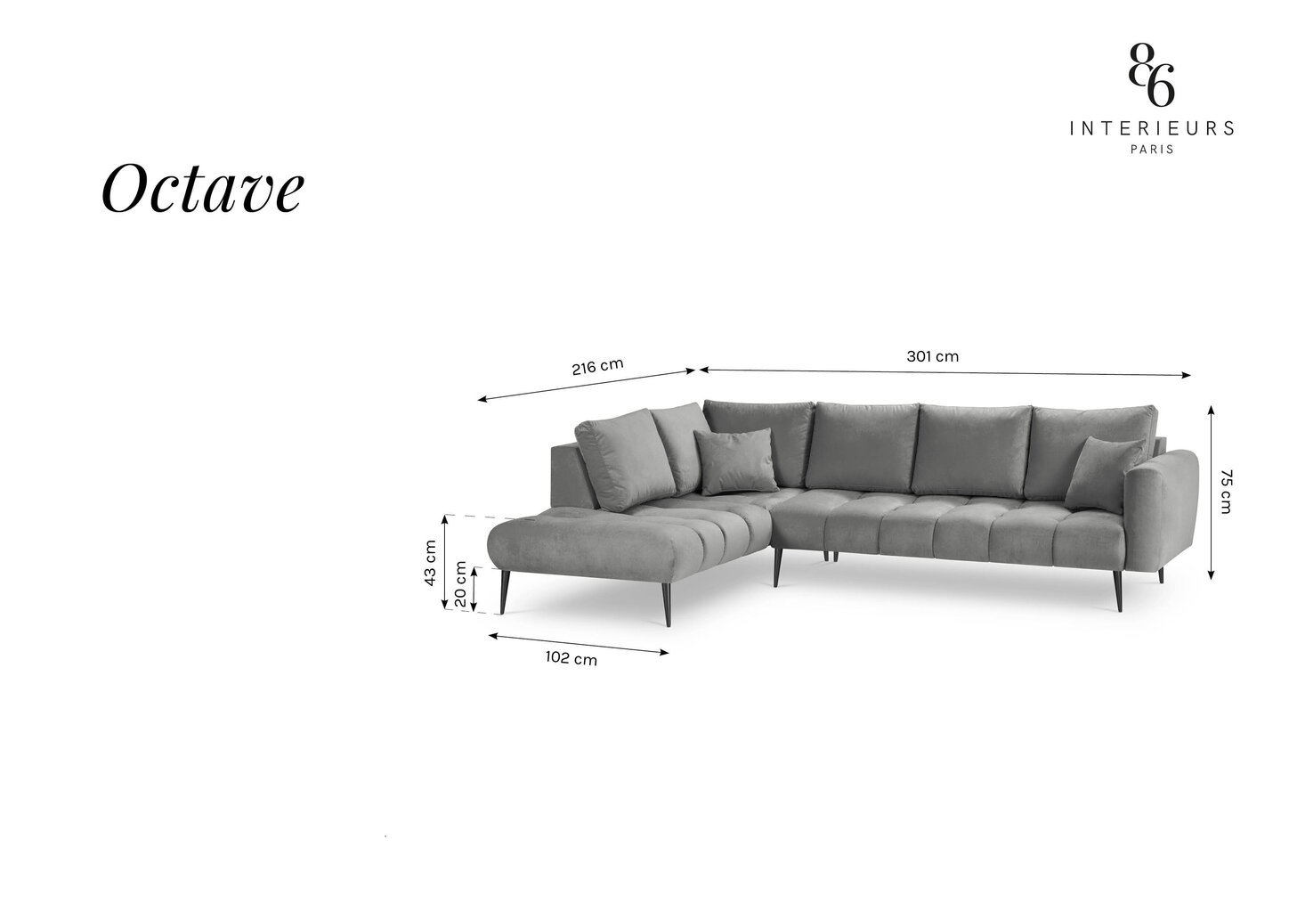 Stūra dīvāns Interieurs 86 Octave, pelēks cena un informācija | Stūra dīvāni | 220.lv
