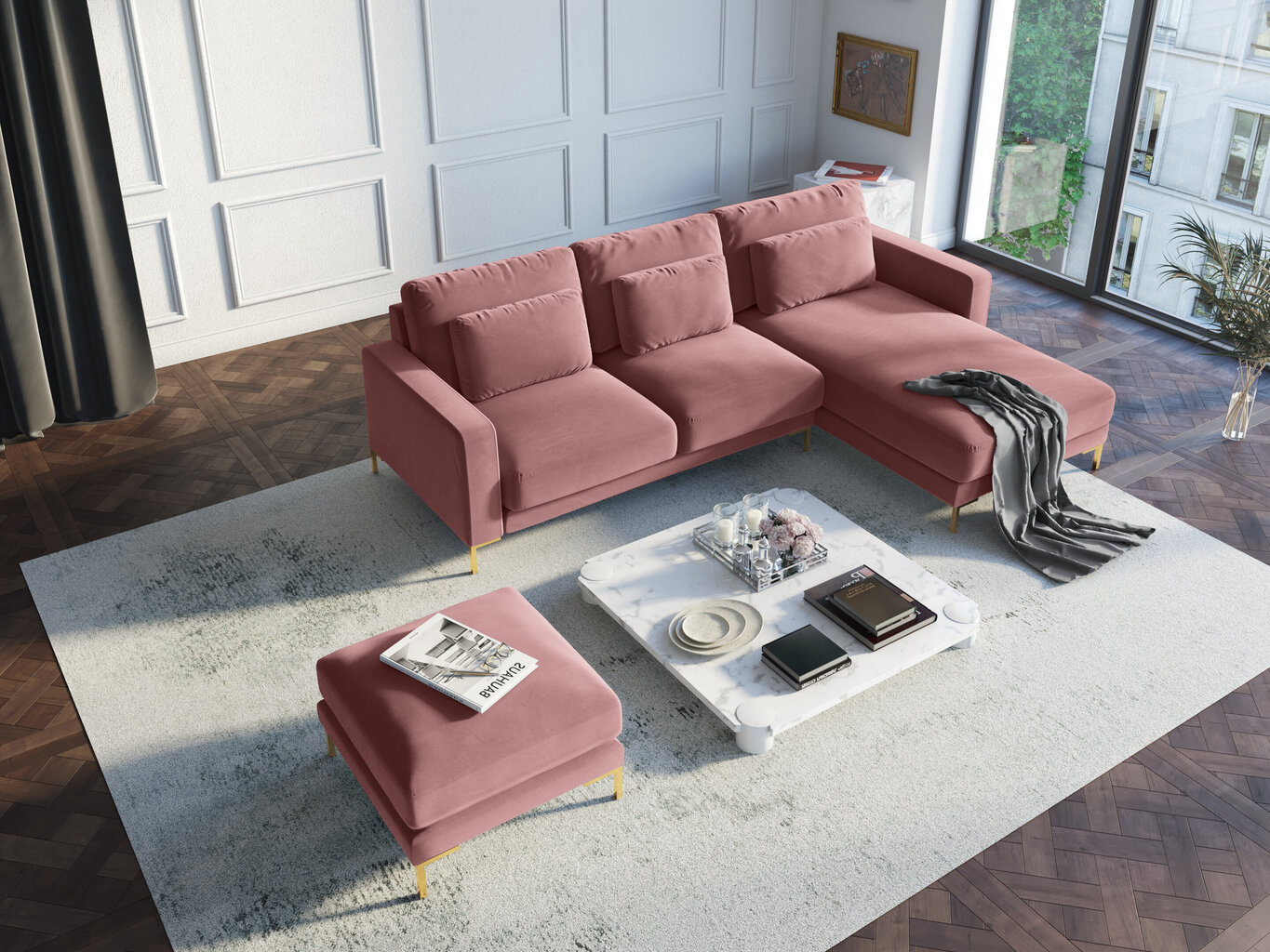 Stūra dīvāns Interieurs86 Seine, rozā/zelta krāsas cena un informācija | Stūra dīvāni | 220.lv