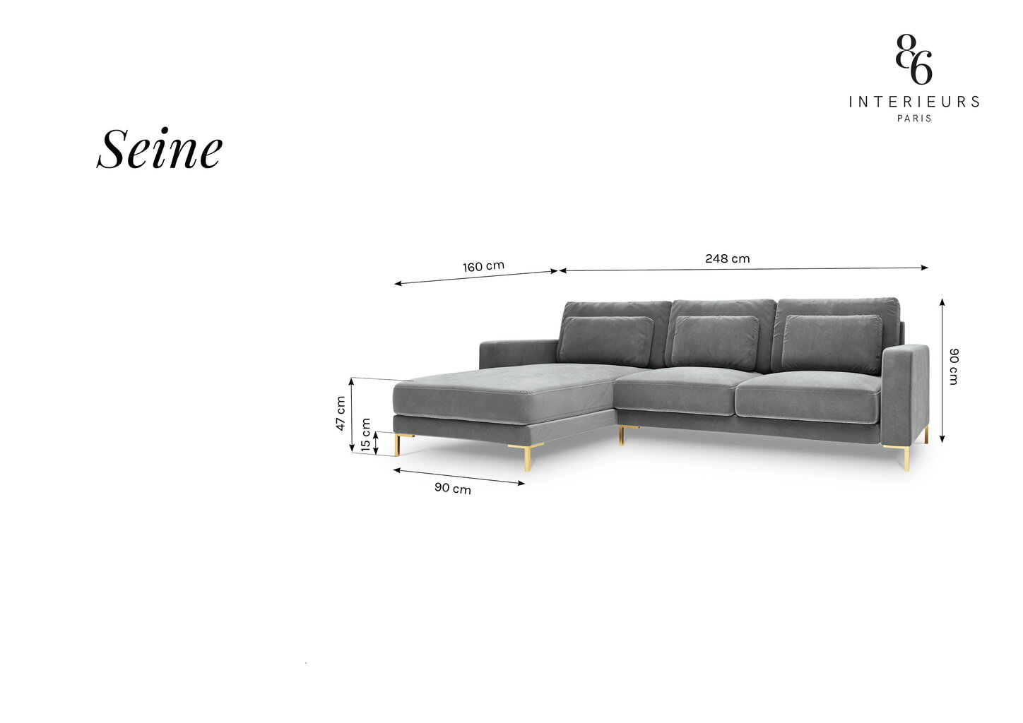 Stūra dīvāns Interieurs86 Seine, gaiši pelēkas/zelta krāsas цена и информация | Stūra dīvāni | 220.lv