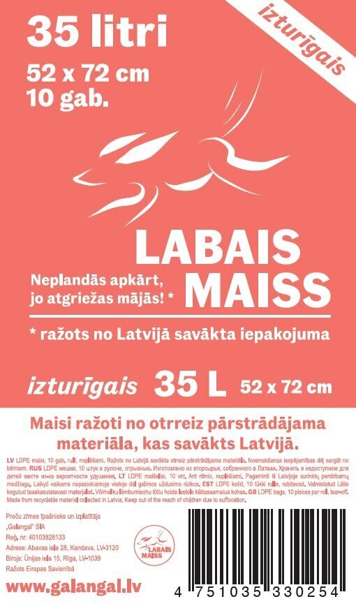 LDPE atkritumu maisi, 35 litri, 52x72cm, 10 gab. vienā rullī. цена и информация | Miskastes maisi | 220.lv