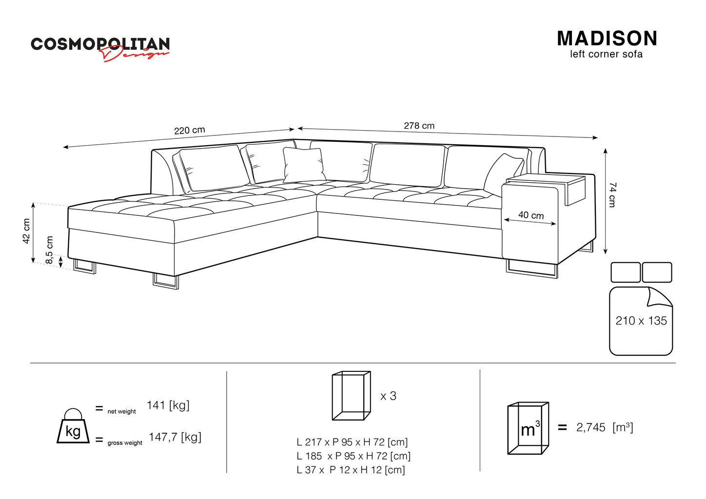 Stūra dīvāns Cosmopolitan Design Madison, zils cena un informācija | Stūra dīvāni | 220.lv