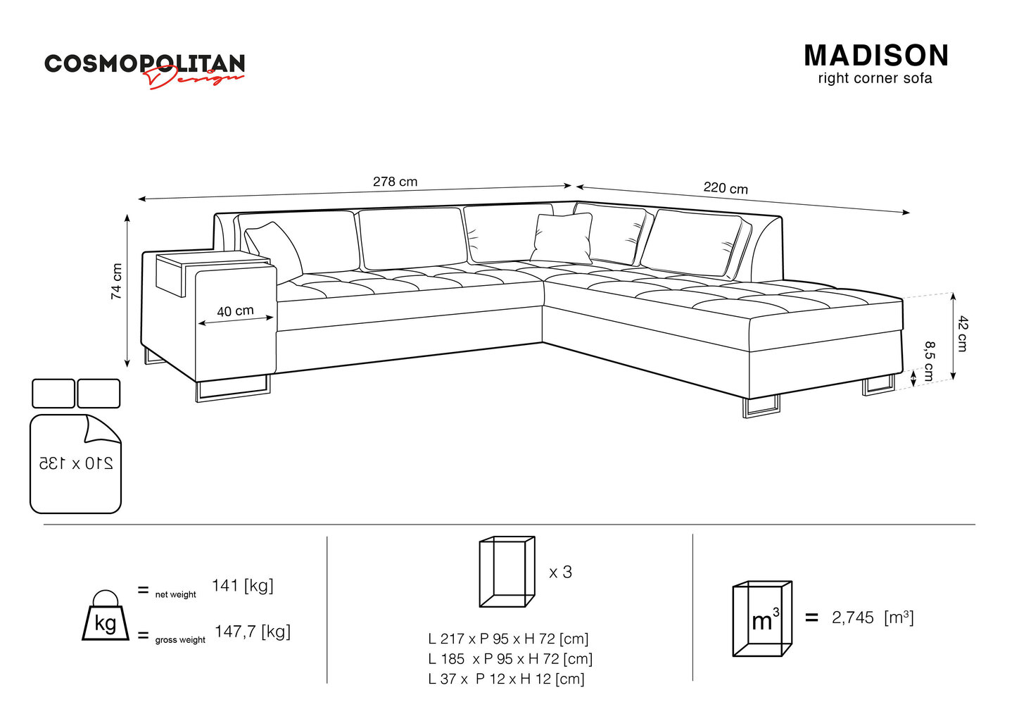 Stūra dīvāns Cosmopolitan Design Madison, tumši pelēks cena un informācija | Stūra dīvāni | 220.lv