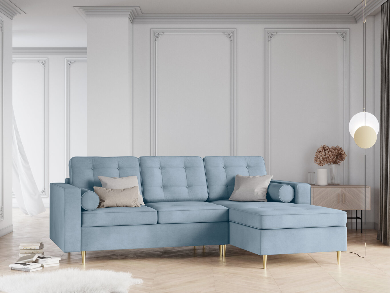 Stūra dīvāns Interieurs 86 Palais, gaiši zilas/zelta krāsas cena un informācija | Stūra dīvāni | 220.lv
