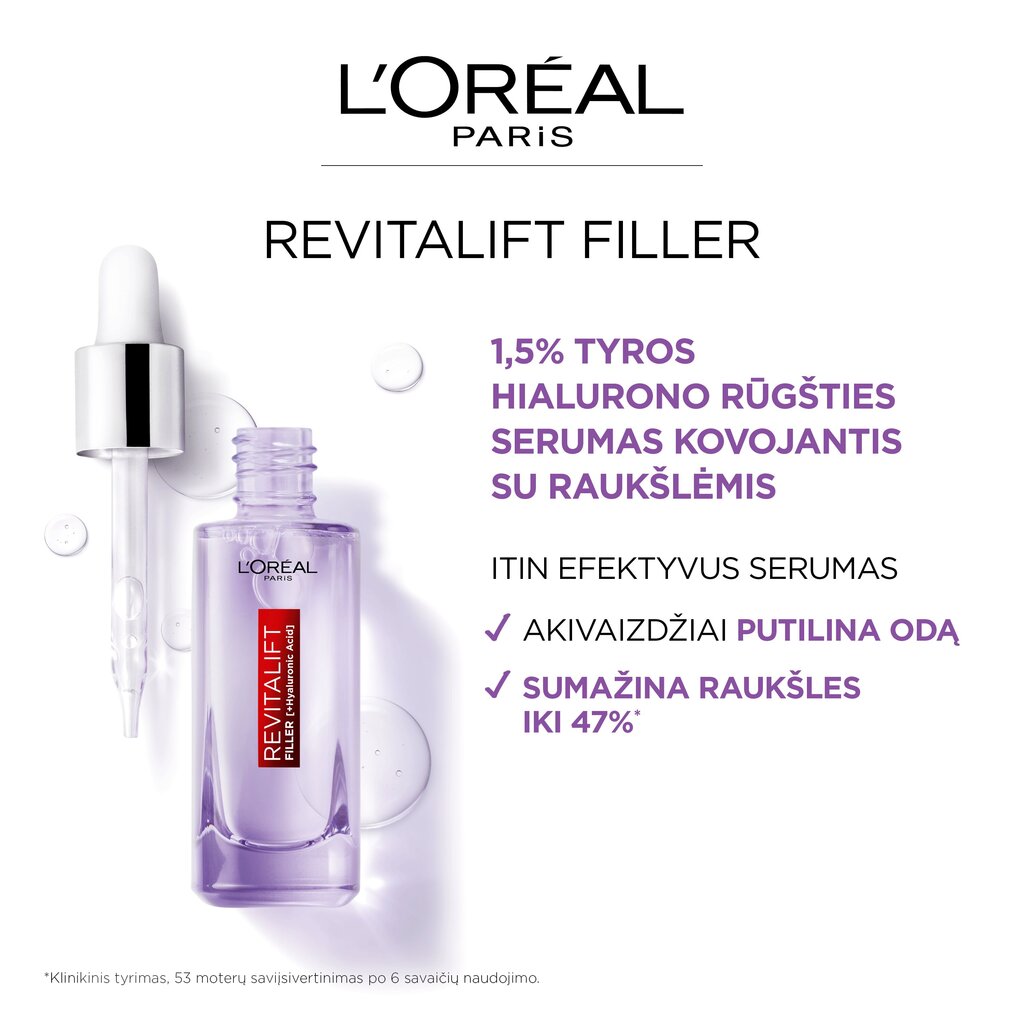 Atjaunojošs sejas serums L'Oreal Revitalift Filler 1,5% Hyaluron, 30 ml cena un informācija | Serumi sejai, eļļas | 220.lv