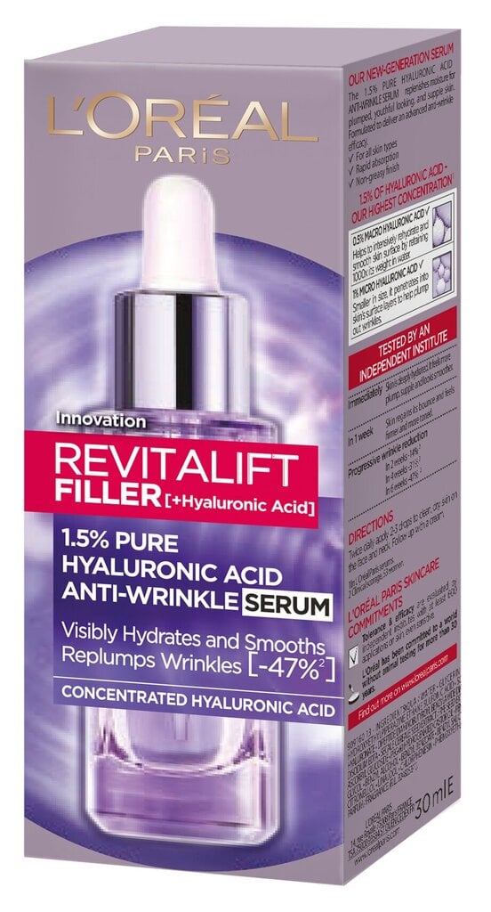 Atjaunojošs sejas serums L'Oreal Revitalift Filler 1,5% Hyaluron, 30 ml цена и информация | Serumi sejai, eļļas | 220.lv