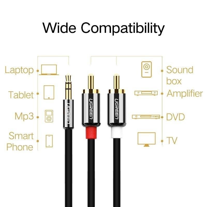 UGREEN AV116 3,5mm Jack to 2RCA (Cinch) Cable 5m (black) cena un informācija | Kabeļi un vadi | 220.lv