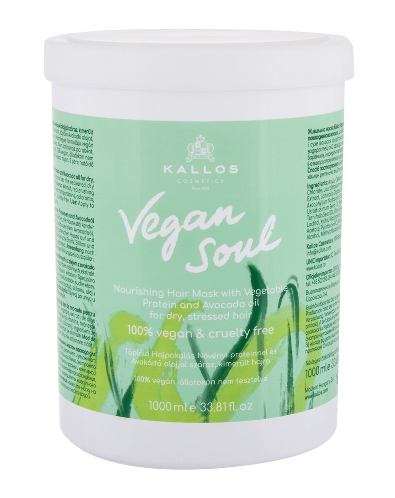 Barojoša matu maska Kallos Cosmetics Vegan Soul 1000 ml cena un informācija | Matu uzlabošanai | 220.lv