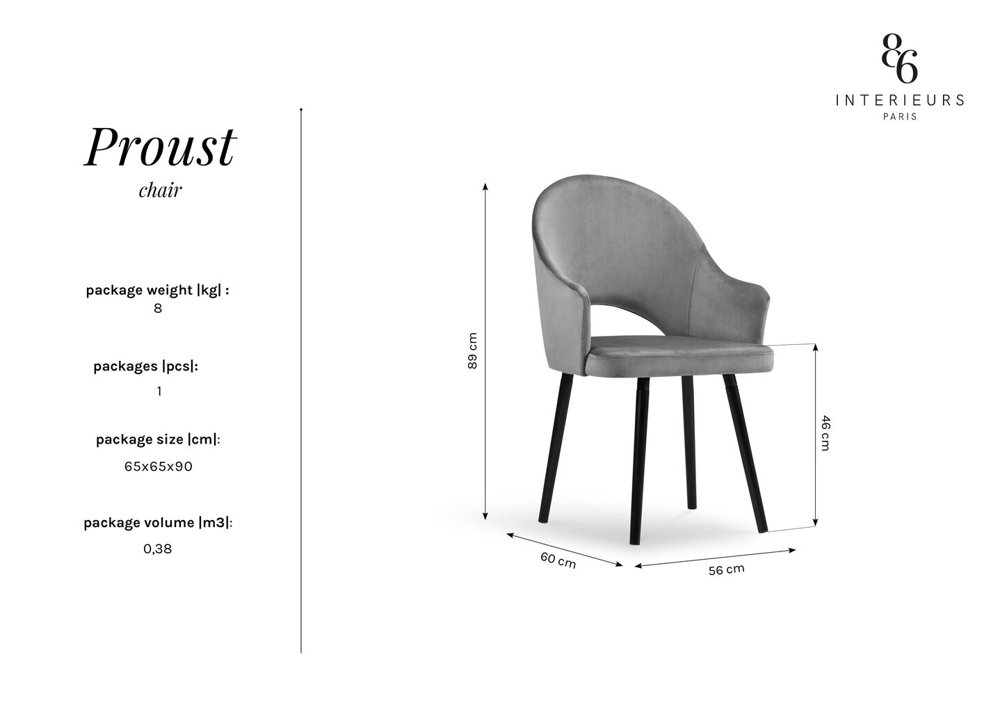 Krēsls Interieurs86 Proust 89, pelēks cena un informācija | Virtuves un ēdamistabas krēsli | 220.lv