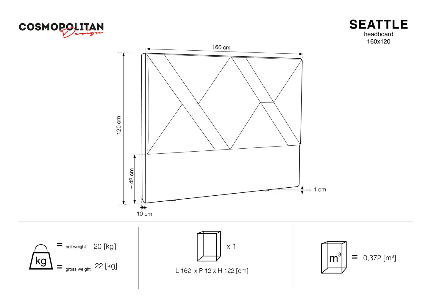 Gultas galvgalis Cosmopolitan Design Seattle 160 cm, smilškrāsas cena un informācija | Gultas | 220.lv