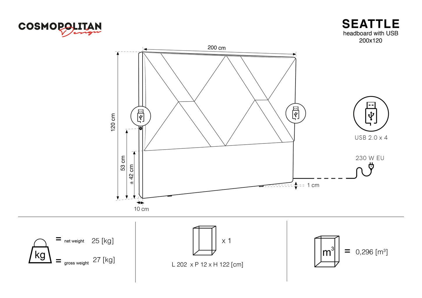 Gultas galvgalis Cosmopolitan Design Seattle USB 200 cm, melns cena un informācija | Gultas | 220.lv