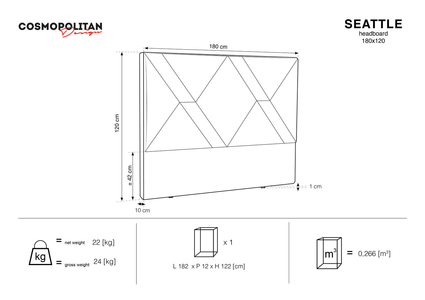 Gultas galvgalis Cosmopolitan Design Seattle 180 cm, tumši pelēks cena un informācija | Gultas | 220.lv