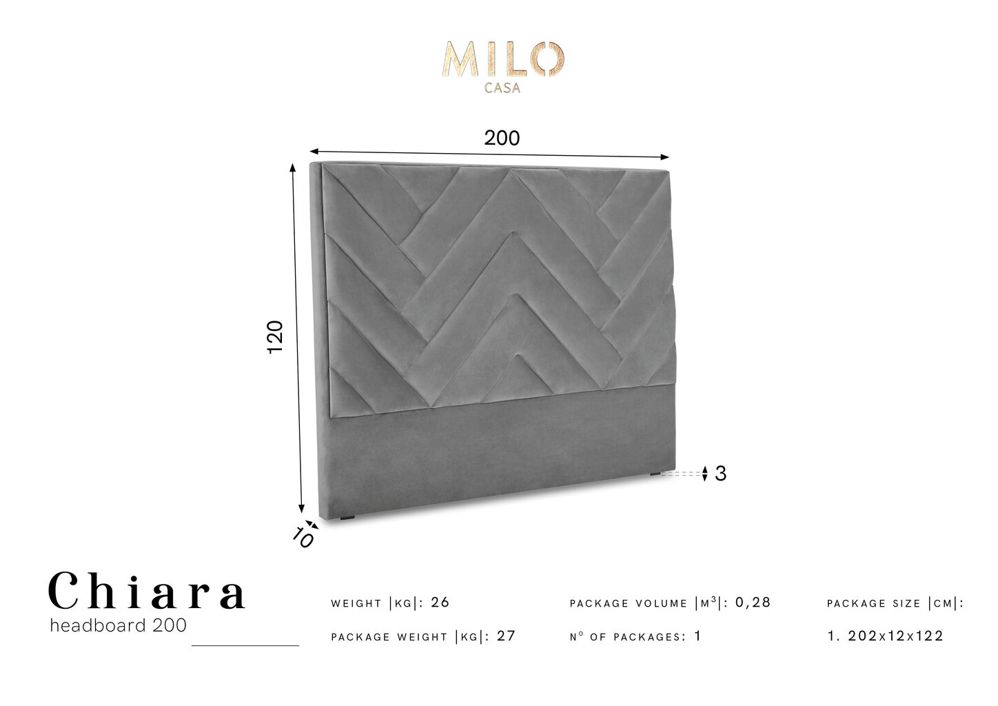 Gultas galvgalis Milo Casa Chiara 200 cm, gaiši zils цена и информация | Gultas | 220.lv