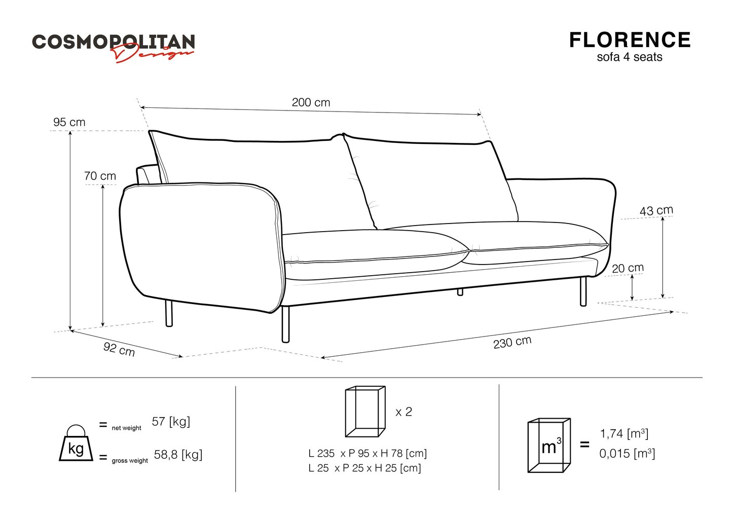Četrvietīgs dīvāns Cosmopolitan Design Florence, dzeltens cena un informācija | Dīvāni | 220.lv