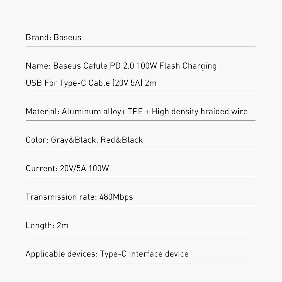 Telefona vads Baseus USB Typ C PD 2.0 100W 20V 5A(CATKLF-ALG1) cena un informācija | Savienotājkabeļi | 220.lv