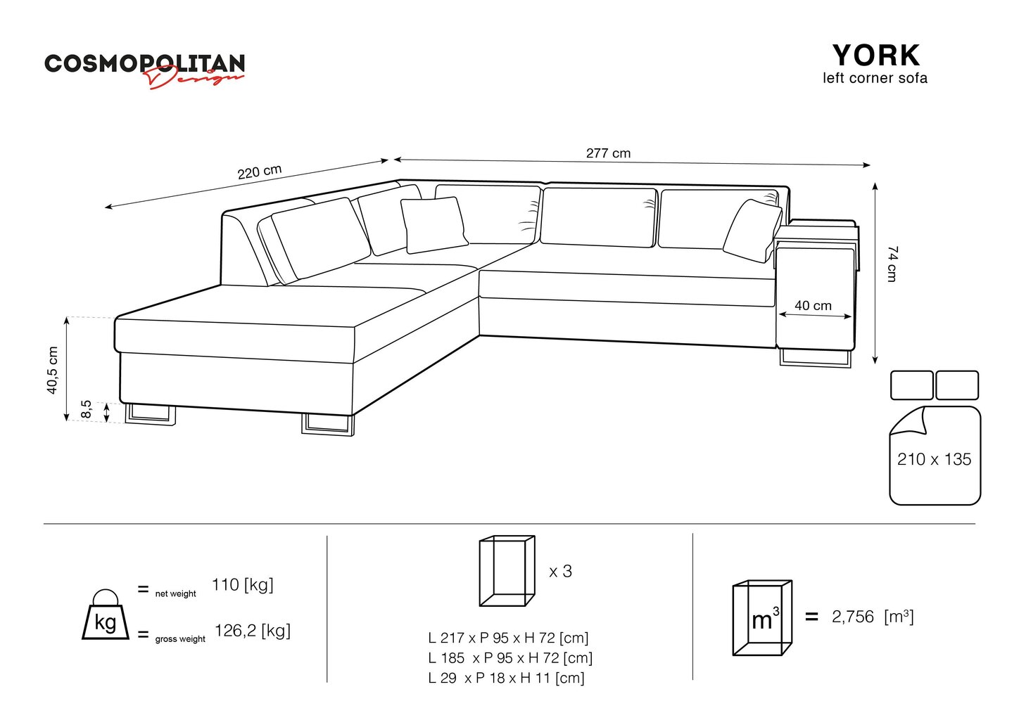 Stūra dīvāns Cosmopolitan Design York, melns cena un informācija | Stūra dīvāni | 220.lv
