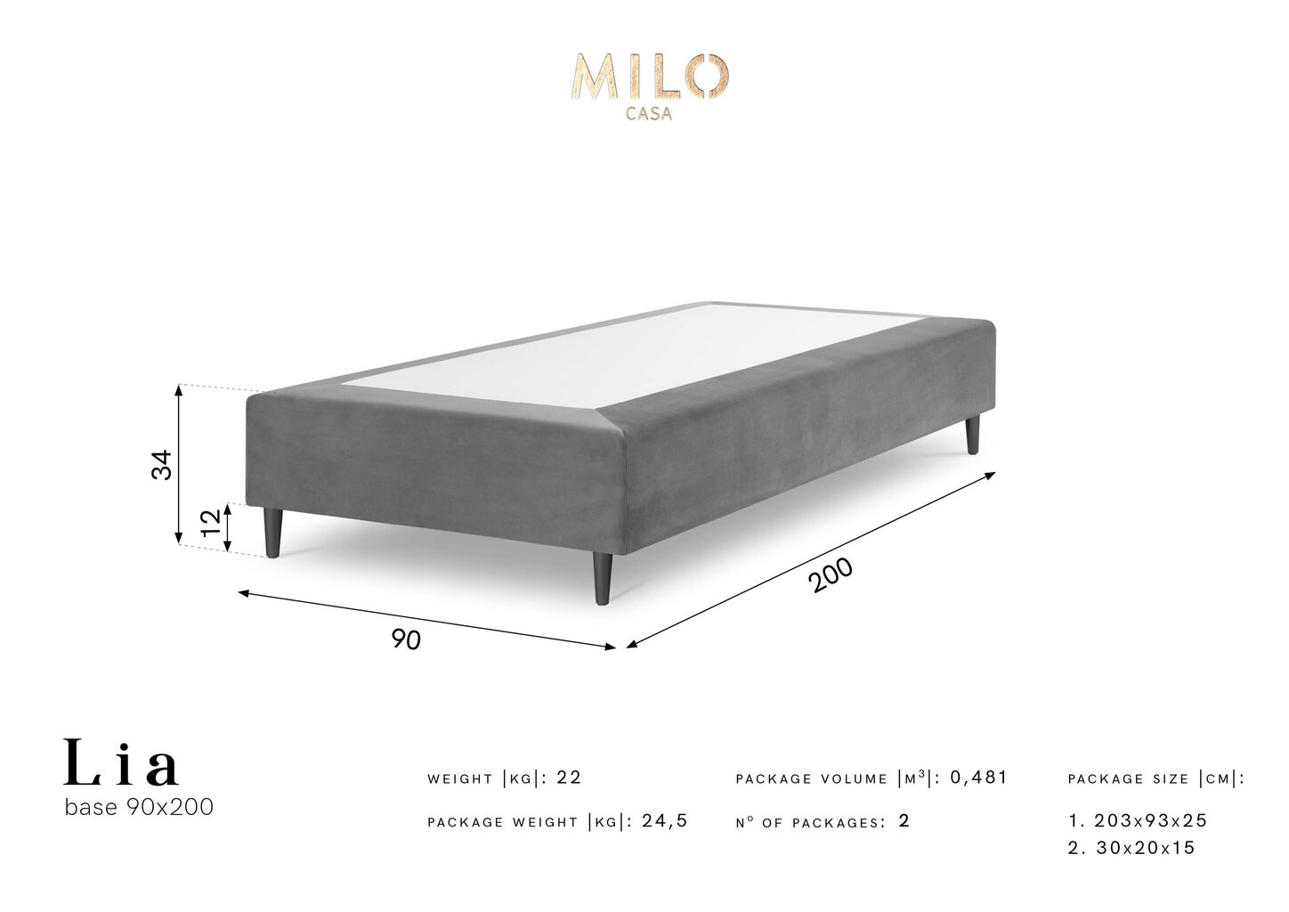 Kušete Milo Casa Lia 90x200, gaiši zila/melna cena un informācija | Gultas | 220.lv